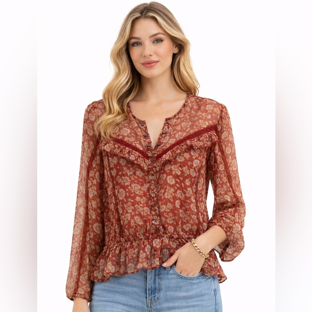 American Eagle Boho Floral Peplum Blouse L Sheer Long Sleeve Rust Cottagecore
